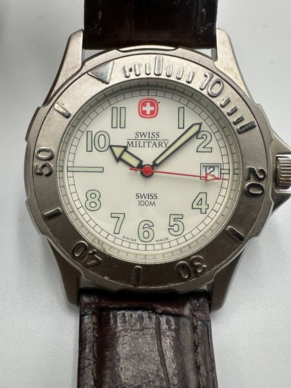 Swiss Military Watch Men Silver Tone Brown Leather Band Date Window New Battery